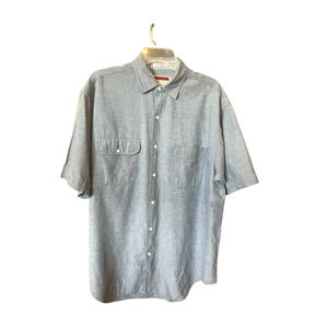 Dover by Arrow Button Down Shirt Blue Short Sleeve Chambray 100% Cotton Vtg L